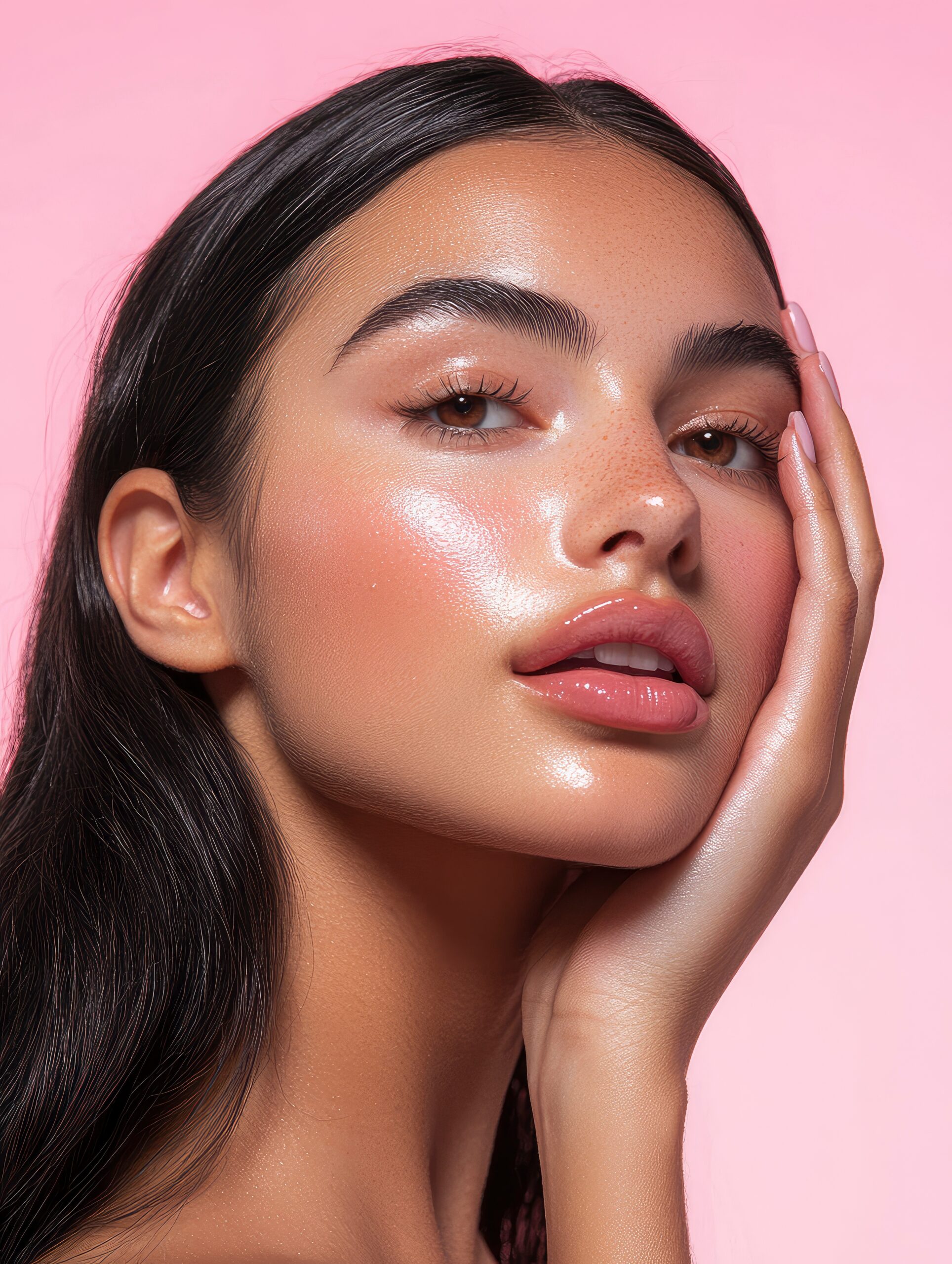 Stunning Latina woman with radiant skin and soft makeup gently touches her cheek in this close-up portrait against a pink background. Perfect for skincare ads, beauty photography, with generative ai Stunning Latina woman with radiant skin and soft makeup gently touches her cheek in this close-up portrait against a pink background. Perfect for skincare ads, beauty photography, and wellness-themed --ar 3:4 --v 6.1 Job ID: 2b95c198-c561-487a-943a-8646b958919d