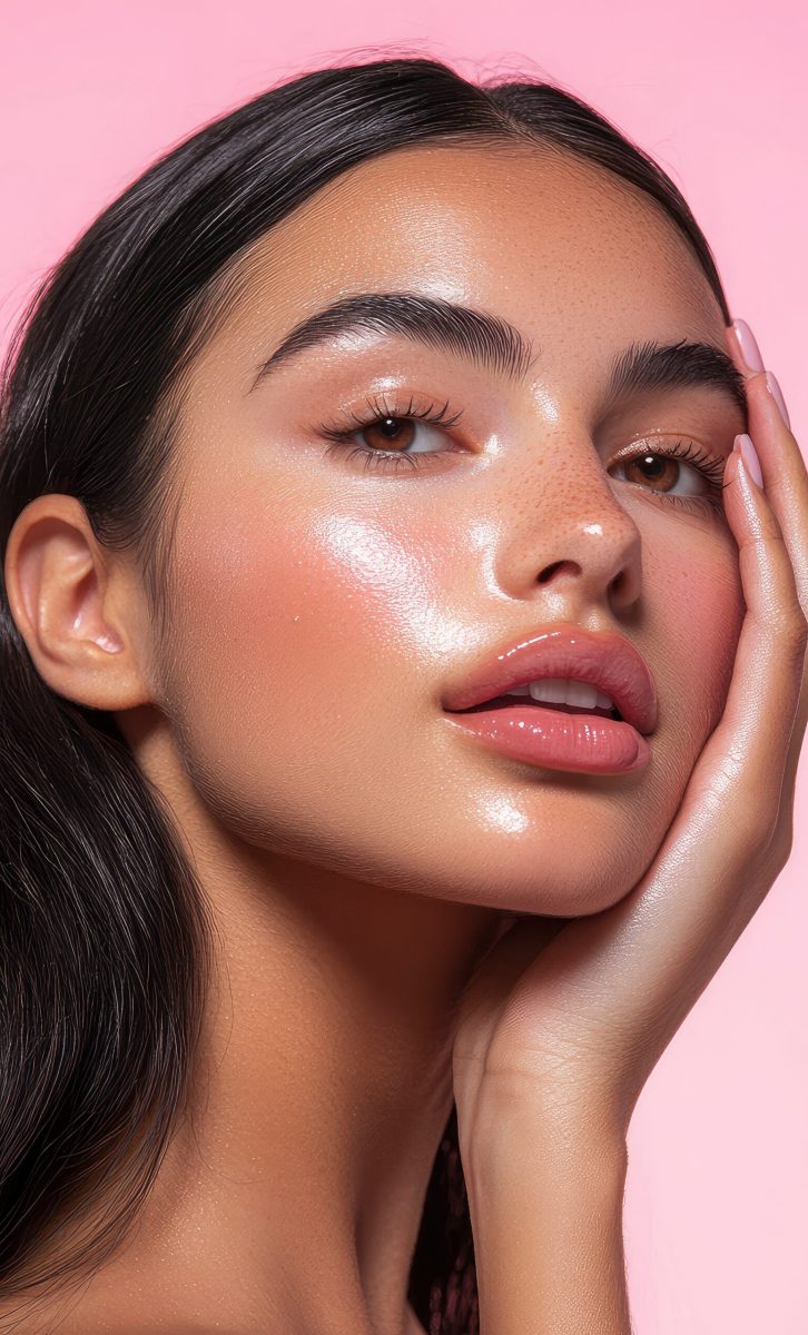 Stunning Latina woman with radiant skin and soft makeup gently touches her cheek in this close-up portrait against a pink background. Perfect for skincare ads, beauty photography, and wellness-themed --ar 3:4 --v 6.1 Job ID: 2b95c198-c561-487a-943a-8646b958919d